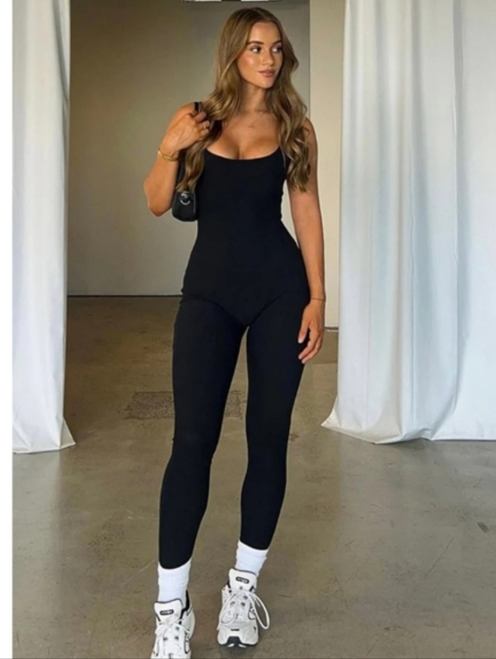 WHITE FOX Life is Short Ribbed Jumpsuit Athleisure Black Minimalist Sz XL